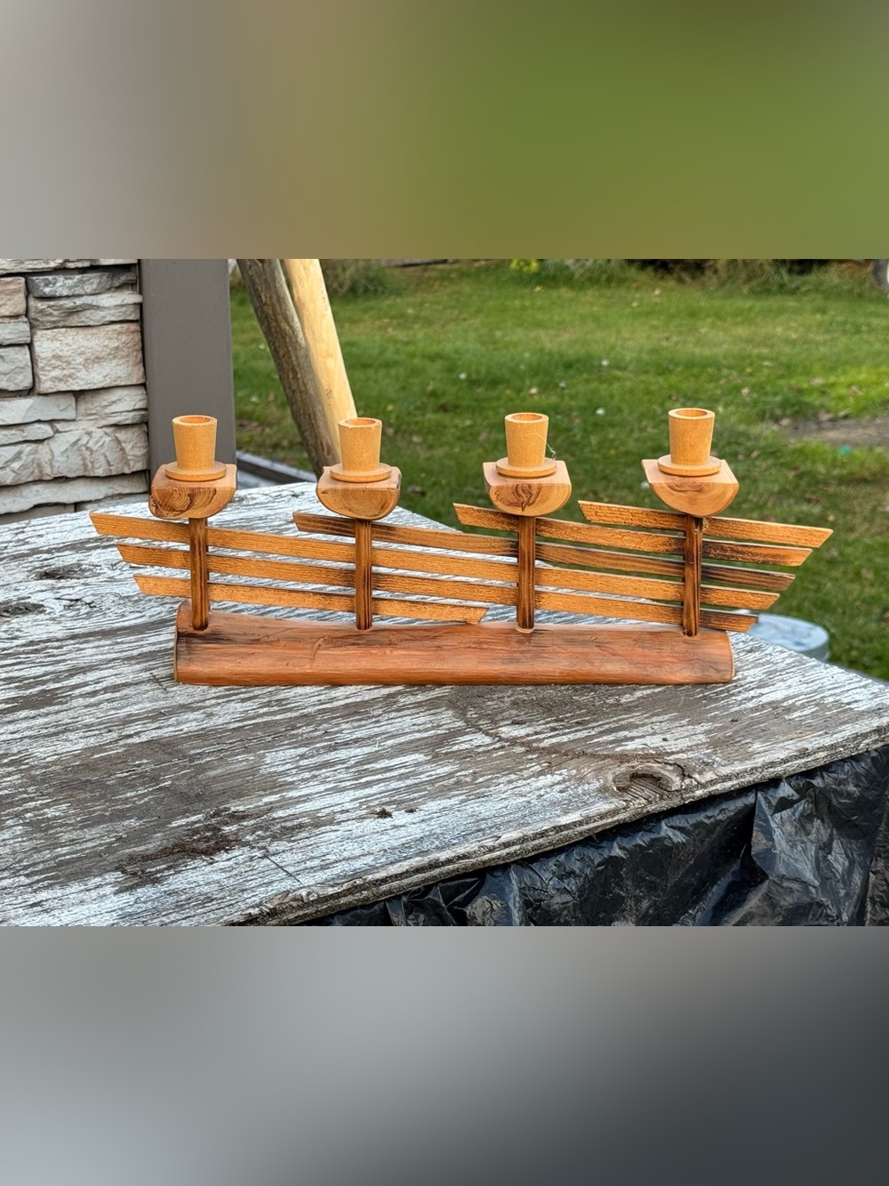 Vintage Wooden Four-Arm Candle Holder in Warm Brown